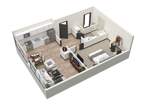 Floor plan for 1 bed, 1 bath, 760 sqft
